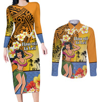 Happy Lei Day Couples Matching Long Sleeve Bodycon Dress and Long Sleeve Button Shirt Hula Girl Polynesian Flower Kakau Pattern