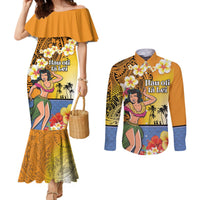 Happy Lei Day Couples Matching Mermaid Dress and Long Sleeve Button Shirt Hula Girl Polynesian Flower Kakau Pattern LT03 Yellow - Polynesian Pride