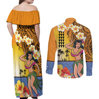 Happy Lei Day Couples Matching Off Shoulder Maxi Dress and Long Sleeve Button Shirt Hula Girl Polynesian Flower Kakau Pattern