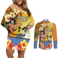 Happy Lei Day Couples Matching Off Shoulder Short Dress and Long Sleeve Button Shirt Hula Girl Polynesian Flower Kakau Pattern LT03 Yellow - Polynesian Pride