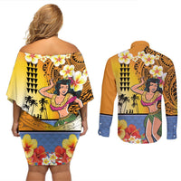 Happy Lei Day Couples Matching Off Shoulder Short Dress and Long Sleeve Button Shirt Hula Girl Polynesian Flower Kakau Pattern LT03 - Polynesian Pride
