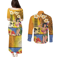 Happy Lei Day Couples Matching Puletasi and Long Sleeve Button Shirt Hula Girl Polynesian Flower Kakau Pattern