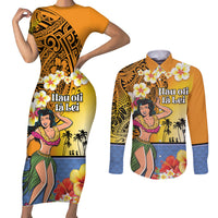 Happy Lei Day Couples Matching Short Sleeve Bodycon Dress and Long Sleeve Button Shirt Hula Girl Polynesian Flower Kakau Pattern