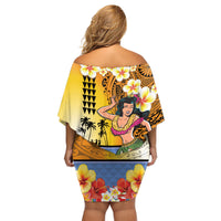 Happy Lei Day Family Matching Off Shoulder Short Dress and Hawaiian Shirt Hula Girl Polynesian Flower Kakau Pattern