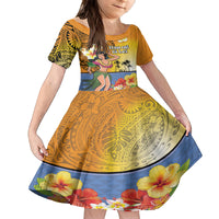 Happy Lei Day Kid Short Sleeve Dress Hula Girl Polynesian Flower Kakau Pattern