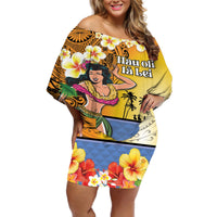 Happy Lei Day Off Shoulder Short Dress Hula Girl Polynesian Flower Kakau Pattern LT03 Women Yellow - Polynesian Pride