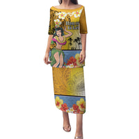 Happy Lei Day Puletasi Hula Girl Polynesian Flower Kakau Pattern LT03 Long Dress Yellow - Polynesian Pride