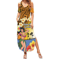 Happy Lei Day Summer Maxi Dress Hula Girl Polynesian Flower Kakau Pattern LT03 Women Yellow - Polynesian Pride