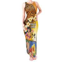 Happy Lei Day Tank Maxi Dress Hula Girl Polynesian Flower Kakau Pattern LT03 Women Yellow - Polynesian Pride
