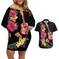 Ukulele mix Polynesian Flower Couples Matching Off Shoulder Short Dress and Hawaiian Shirt Hawaiian Tribal Pattern LT03 Black - Polynesian Pride