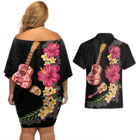 Ukulele mix Polynesian Flower Couples Matching Off Shoulder Short Dress and Hawaiian Shirt Hawaiian Tribal Pattern LT03 - Polynesian Pride