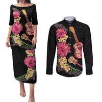 Ukulele mix Polynesian Flower Couples Matching Puletasi and Long Sleeve Button Shirt Hawaiian Tribal Pattern LT03 Black - Polynesian Pride
