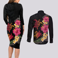Hawaiian Flower and Tribal Turtle Couples Matching Long Sleeve Bodycon Dress and Long Sleeve Button Shirt Colorful Style