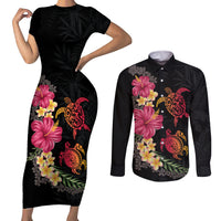Hawaiian Flower and Tribal Turtle Couples Matching Short Sleeve Bodycon Dress and Long Sleeve Button Shirt Colorful Style