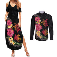 Hawaiian Flower and Tribal Turtle Couples Matching Summer Maxi Dress and Long Sleeve Button Shirt Colorful Style