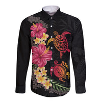 Hawaiian Flower and Tribal Turtle Long Sleeve Button Shirt Colorful Style LT03 Unisex Black - Polynesian Pride