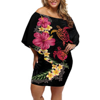 Hawaiian Flower and Tribal Turtle Off Shoulder Short Dress Colorful Style LT03 Women Black - Polynesian Pride