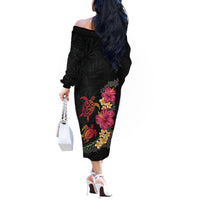 Hawaiian Flower and Tribal Turtle Off The Shoulder Long Sleeve Dress Colorful Style
