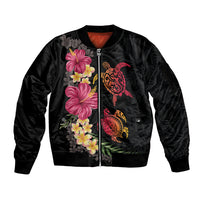 Hawaiian Flower and Tribal Turtle Sleeve Zip Bomber Jacket Colorful Style