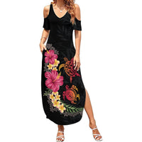Hawaiian Flower and Tribal Turtle Summer Maxi Dress Colorful Style LT03 Women Black - Polynesian Pride