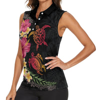 Hawaiian Flower and Tribal Turtle Women Sleeveless Polo Shirt Colorful Style