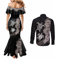 Hawaiian Flower and Tribal Turtle Couples Matching Mermaid Dress and Long Sleeve Button Shirt Grayscale Mode