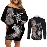 Hawaiian Flower and Tribal Turtle Couples Matching Off Shoulder Short Dress and Long Sleeve Button Shirt Grayscale Mode LT03 Black - Polynesian Pride