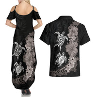 Hawaiian Flower and Tribal Turtle Couples Matching Summer Maxi Dress and Hawaiian Shirt Grayscale Mode