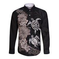 Hawaiian Flower and Tribal Turtle Long Sleeve Button Shirt Grayscale Mode LT03 Unisex Black - Polynesian Pride
