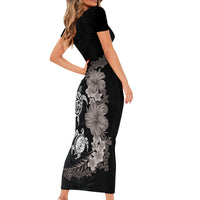 Hawaiian Flower and Tribal Turtle Short Sleeve Bodycon Dress Grayscale Mode LT03 - Polynesian Pride