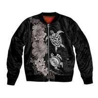 Hawaiian Flower and Tribal Turtle Sleeve Zip Bomber Jacket Grayscale Mode