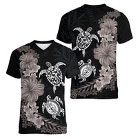 Hawaiian Flower and Tribal Turtle Women V-Neck T-Shirt Grayscale Mode
