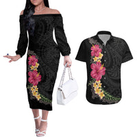 Hawaiian Plumeria and Hibiscus Couples Matching Off The Shoulder Long Sleeve Dress and Hawaiian Shirt Colorful Style