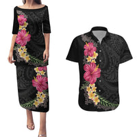 Hawaiian Plumeria and Hibiscus Couples Matching Puletasi and Hawaiian Shirt Colorful Style LT03 Black - Polynesian Pride