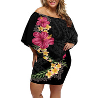 Hawaiian Plumeria and Hibiscus Off Shoulder Short Dress Colorful Style LT03 Women Black - Polynesian Pride