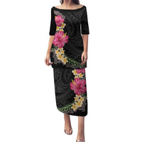Hawaiian Plumeria and Hibiscus Puletasi Colorful Style LT03 Long Dress Black - Polynesian Pride