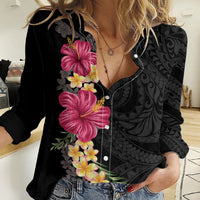 Hawaiian Plumeria and Hibiscus Women Casual Shirt - Colorful Style LT03 Female Black - Polynesian Pride