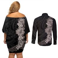 Hawaiian Plumeria and Hibiscus Couples Matching Off Shoulder Short Dress and Long Sleeve Button Shirt Grayscale Mode