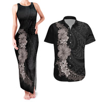 Hawaiian Plumeria and Hibiscus Couples Matching Tank Maxi Dress and Hawaiian Shirt Grayscale Mode LT03 Black - Polynesian Pride