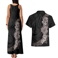 Hawaiian Plumeria and Hibiscus Couples Matching Tank Maxi Dress and Hawaiian Shirt Grayscale Mode LT03 - Polynesian Pride