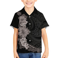 Hawaiian Plumeria and Hibiscus Family Matching Off The Shoulder Long Sleeve Dress and Hawaiian Shirt Grayscale Mode
