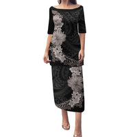Hawaiian Plumeria and Hibiscus Puletasi Grayscale Mode LT03 Long Dress Black - Polynesian Pride