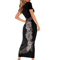 Hawaiian Plumeria and Hibiscus Short Sleeve Bodycon Dress Grayscale Mode LT03 - Polynesian Pride