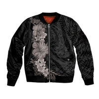 Hawaiian Plumeria and Hibiscus Sleeve Zip Bomber Jacket Grayscale Mode