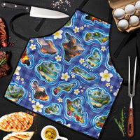 Hawaiian Island Shapes-Iconic Landscape Apron with Plumeria and Palaka Blue Color