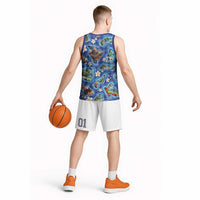 Hawaiian Island Shapes-Iconic Landscape Basketball Jersey with Plumeria and Palaka Blue Color