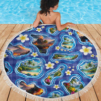 Hawaiian Island Shapes-Iconic Landscape Beach Blanket with Plumeria and Palaka Blue Color