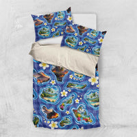 Hawaiian Island Shapes-Iconic Landscape Bedding Set with Plumeria and Palaka Blue Color LT03 US Twin 172cm x 218cm Blue - Polynesian Pride