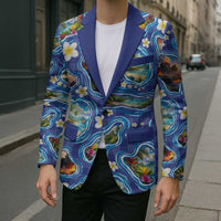 Hawaiian Island Shapes-Iconic Landscape Blazer with Plumeria and Palaka Blue Color
