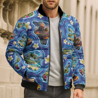 Hawaiian Island Shapes-Iconic Landscape Bomber Puffer Jacket with Plumeria and Palaka Blue Color LT03 - Polynesian Pride